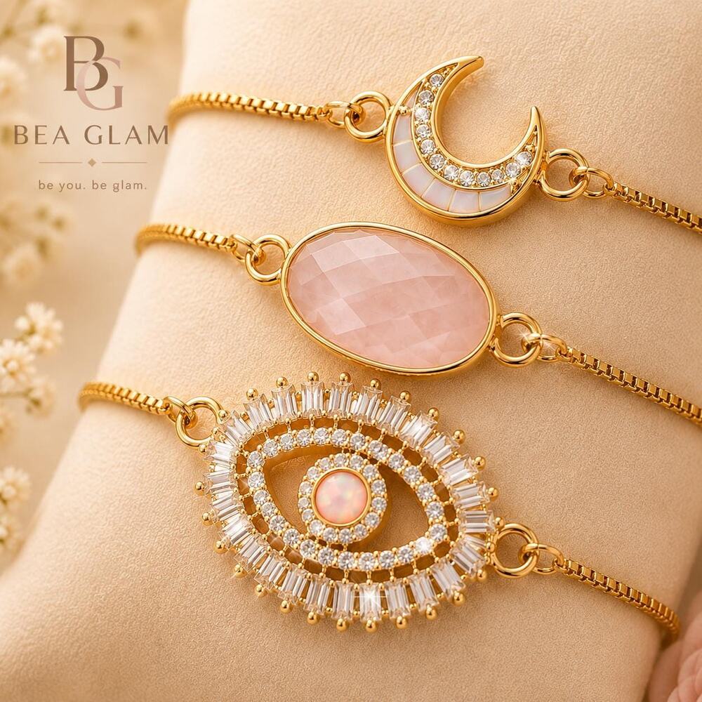 3-Piece Celestial Bracelet Set | Rose Quartz, Moon, Evil Eye, Gold Plated Brass